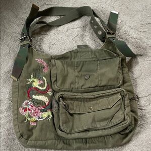 Deena and Ozzy Olive Green Dragon Embroidered Canvas Crossbody Bag